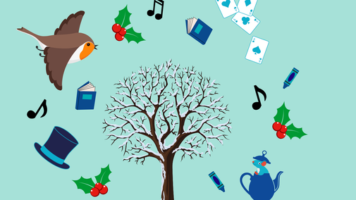 Christmas Story Explorers: image of a snow-laden wintery tree with holly, playing cards, a dormouse and a robin dotted around it